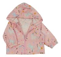 Svetloružová šušťáková bunda s jednorožcami a duhami a kapucňou