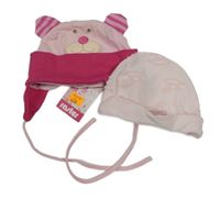 Nové - 2x - Čepice - Světlerůžovo/tmavorůžová - medvídek raster, světlerůžová s houpacími koníky Just Too Cute