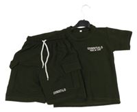 Nové - 2Set - Tmavokhaki žebrované tričko s nápisy + kraťasy Essentials