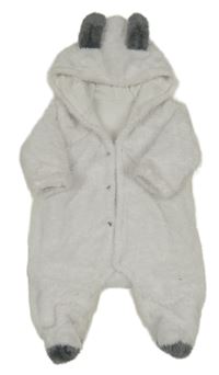 Biela chlpatá podšitá kombinéza s kapucňou s uškami