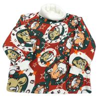 Červeno-zeleno-biela vzorovaná mikina so zvířaty a rolákom