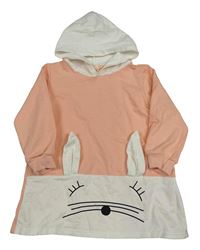 Meruňkovo-biela tepláková šatová tunika s králikom a kapucňou Shein