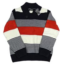 Tmavomodro-bílo-červený pruhovaný svetr s límcem