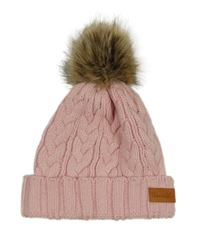 Růžová pletená čepice s bambulí a nášivkou