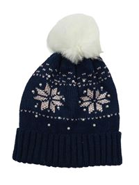 Tmavomodrá vzorovaná pletená čepice s perlami a kamínky Primark