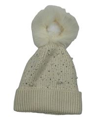 Béžová pletená čepice s kamínky s perlami a bambulí