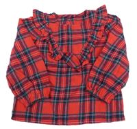 Červeno-čierno-zelená kockovaná flanelová blúzka s volánem George