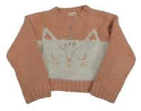 Starorůžovo-biely chlpatý crop sveter s mačkou