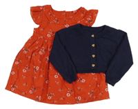 2set - Červené květované plátěné šaty s límečkem + tmavomodrý propínací svetr Dunnes