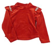 Červená plyšová mikina s volánikmi a kamienkami