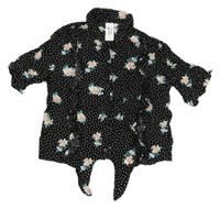 Černá puntíkatá crop halenka s květy a volánky C&A