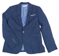Tmavomodré melírované lněné slavnostní sako H&M