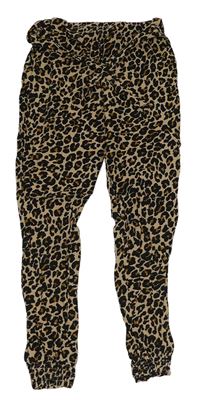 Béžovo-čierne ľahké nohavice s leopardím vzorom a opaskom