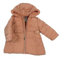 Světlerůžová šusťáková prošívaná zateplená bunda s páskem a kapucí 