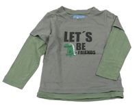 Šedo-zelené triko s nápisem a dinem 