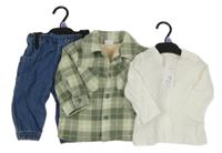 Nové - 3 set - zelená kostkovaná zateplená košilová bunda + triko + rifle F&F