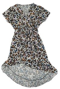 Smetanovo-čierno-fialové ľahké leopardí šaty s opaskom