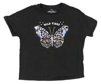 Antracitové tričko s motýlom s překlápěcími flitre zn. M&S