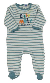 Bielo-modrý pruhovaný zateplený overal s nápisom