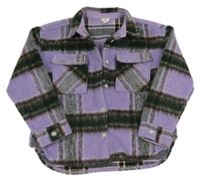 Lila-zeleno-hnedá kockovaná chlpatá košeľová bunda s kamienkami River Island