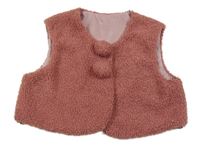 Ružová huňatá podšitá vesta s 3D bambulemi