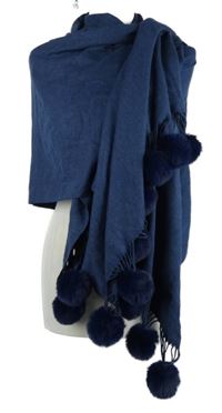 Dámská tmavomodrá šála s bambulkami House of Tweed