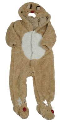 Béžovo-bílá chlupatá podšitá kombinéza s kapucí - sob Mothercare