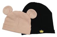 2set ružová čapica s oušky + čierna s korunkou