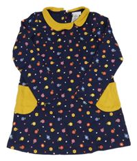 Tmavomodré teplákové šaty s kvietkami s golierikom