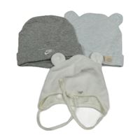 3x čepice - smetanová + šedá Nike + svetlosivá s uškami