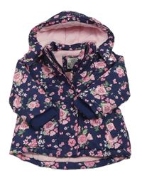 Tmavomodrá květovaná šusťáková zimní parka s kapucí Yd.