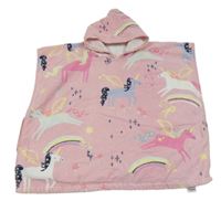 Svetloružové froté osuškové pončo s jednorožcami a kapucňou