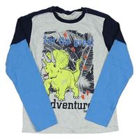 Šedo-modro-tmavomodré triko s dinosaurem
