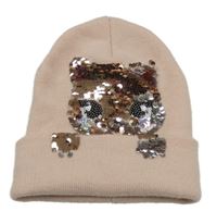 Světlerůžová pletená čepice s kočkou z flitrů H&M