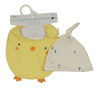 Nové - 2set - Žlutý bavlněný bryndák s kuřátkem + smetanová čepice s plachetnicemi Nutmeg