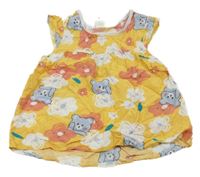 Okrové ľahké šaty s medvedíkmi a kvetmi