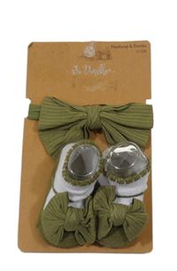 Nové - 2set - Khaki čelenka s mašlí + khaki-bílé ponožky So Dorable