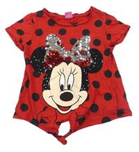 Červeno-černé puntíkaté tričko s Minnie s překlápěcími flitry a uzlem Disney