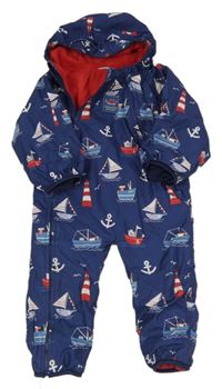 Tmavomodrá šusťáková zimní kombinéza s loďkami a kapucí Jojo Maman Bébé