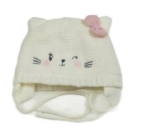 Smetanová pletená zavazovací čepice - kočička