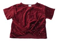 Nové - vínové rebrované zamatové crop tričko s překřížením ZARA