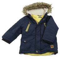 Tmavomodrá šusťáková zimní bunda se smajlíkem a kapucí s kožešinou 