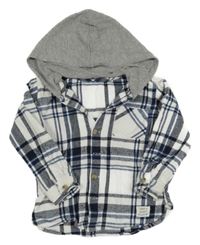 Bielo-tmavomodro-zafírová kockovaná košeľová bunda s kapucňou Matalan