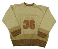 Béžovo-světlehnědo-hnedý pletený oversize sveter s číslom