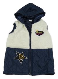 Tmavomodro-biela prešívaná šusťákovo/kožešinová zateplená vesta so srdiečkom a hviezdičkou a kapucňou