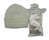 Nové - 2Set - Smetanová pletená čepice + bílé rukavice George