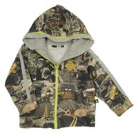 Sivo-hnedá prepínaci mikina s jeepy a motorkami a pruhmi a kapucňou molo