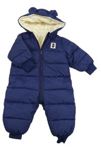 Tmavomodrá prešívaná šušťáková zimná kombinéza s medvedíkom a kapucňou