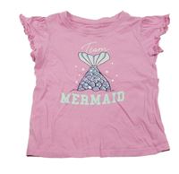 Ružové tričko s ploutví s flitrami a nápismi a volánikmi