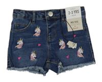 Nové - modré mis rise riflové kraťasy s jednorožci a srdíčky Denim Co.
